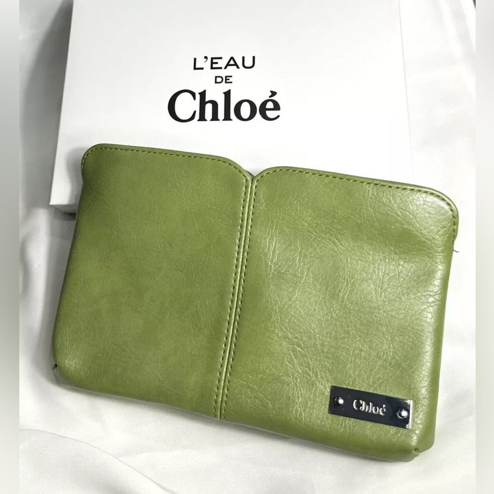 Chloe beauty Faux Leather Cosmetic Makeup Bag Green Pouch Logo Double Zip 8 X 5